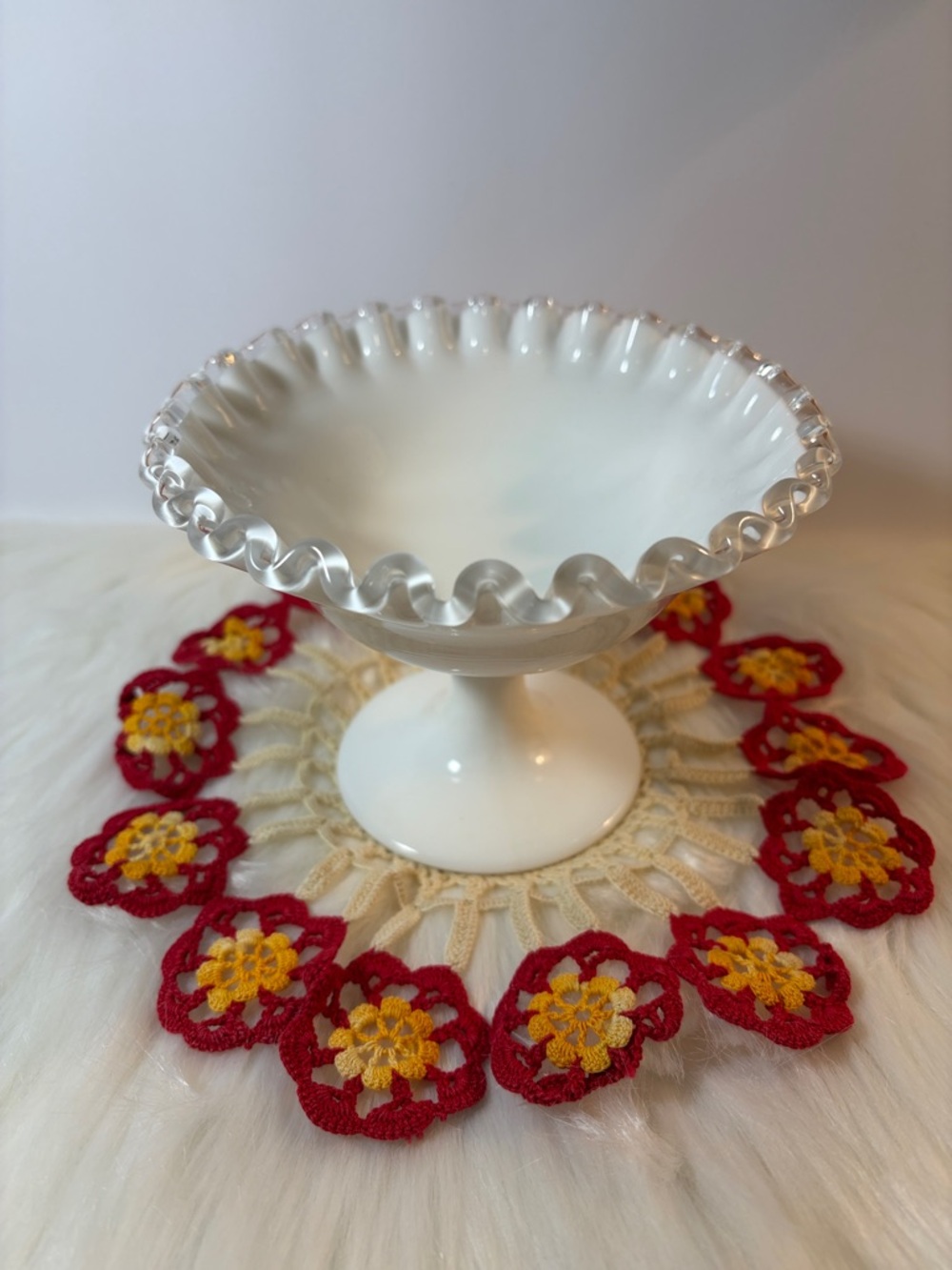 White Fenton Ruffled Milk Glass Compote